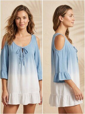 Signature Studio Ombre Blue White Cold Shoulder Boho Women's Blouse - Size Large